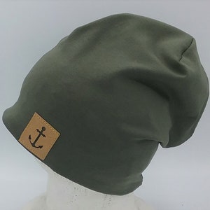 Beanie Mütze, khaki, für Kinder, Frauen, Männer, mit Anker Label, Babymütze, Bild 1