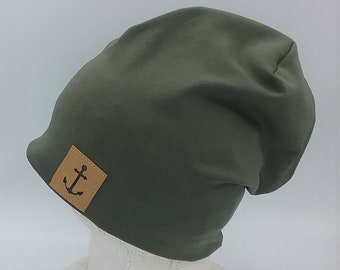 Beanie Mütze, khaki, für Kinder, Frauen, Männer, mit Anker Label, Babymütze,