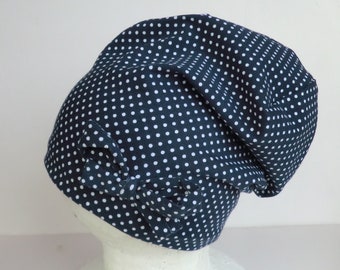 Beanie Mütze für Mädchen blau mit weißen Punkten und Schleife, Babymütze