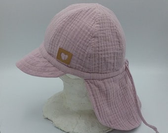 Sonnenhut Mädchen, rosa, Musselin, mit Schirm und Nackenschutz, Herzlabel