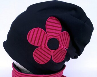 Beanie Mütze für Mädchen blau mit Blume pink, Babymütze