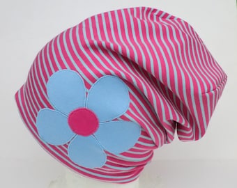 Beanie Mütze für Mädchen hellblau pink gestreift mit Blume, Babymütze