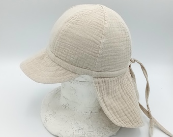 Sonnenhut Kinder, beige, Musselin, mit Schirm und Nackenschutz