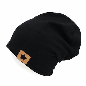 Beanie Mütze schwarz mit Stern-Patch für Kinder und Erwachsene, Slouchy Beanie Baumwolljersey, unisex, Casual Stil