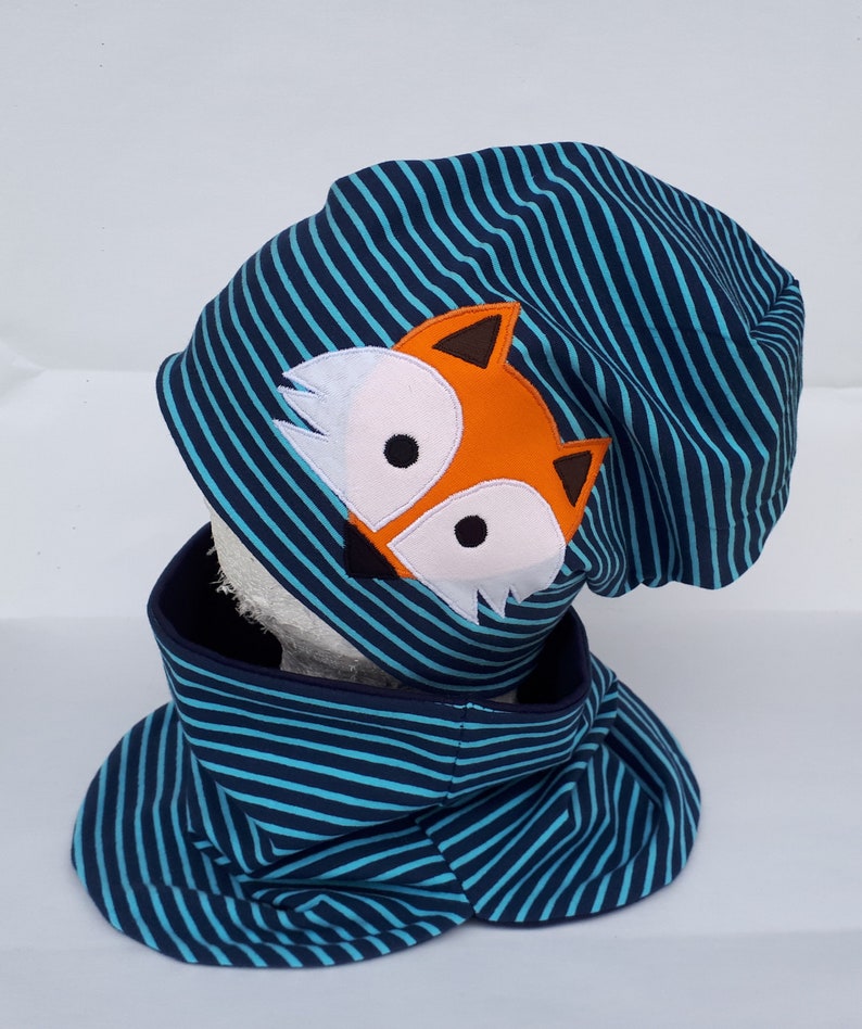 Beanie blau gestreift für Jungen mit Fuchs, Babymütze image 2