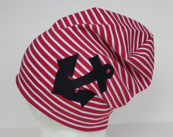 Mütze für Kinder rot weiß gestreift mit Anker
