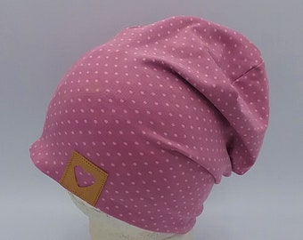 Mütze Beanie rosa mit rosa Pünktchen, Herzpatch, Babymütze altrosa