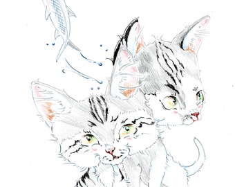 Katzenkinder Karikatur, Katzenportrait in einer signierten und limitierten Auflage gedruckt. Kunstdruck nach einer Original Zeichnung