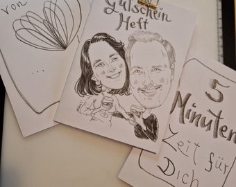 Caricature voucher booklet in b/w