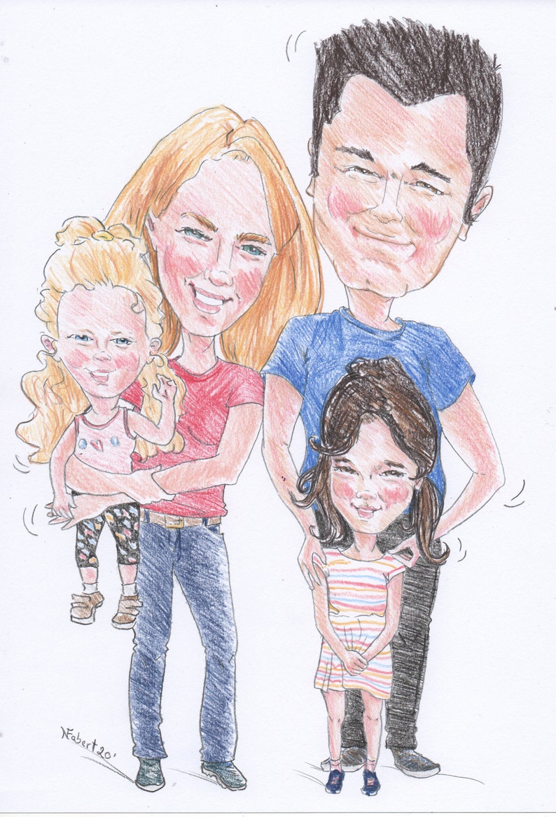Familien Karikatur Handgezeichnet in Farbe personalisiert Bild 1
