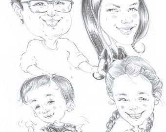 funny family caricature digitally black and white personalized