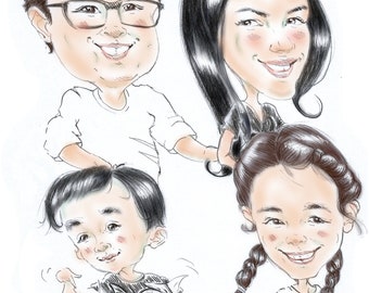 funny family caricature digitally with colour personalized