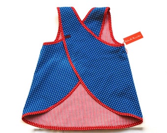 Apron dress for girls in blue polka dots and red and white checkered "Pippa" in Scandinavian style Pipi Longstocking dress.