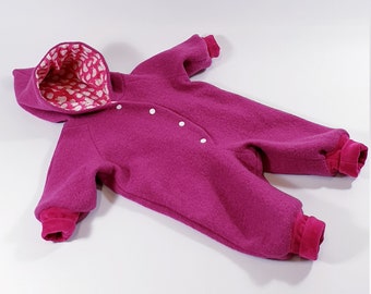 Overall Baby,Child Walksuit Wool Jersey "Jule" Pink with Pear Apples Motif.