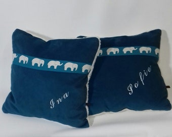 Children's pillow "Momo" with elephants, in petrol, mint and sky blue. Personalized cuddly pillow, name pillow, baby, child gift idea.