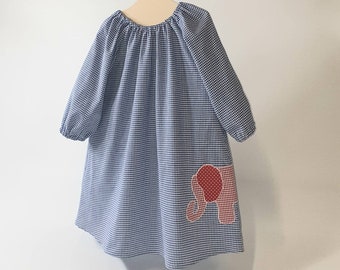 Girl Dress with Elephant Bag made of blue-white checkered cotton "Lina" Bullerbü dress comfortable casual and elegant.