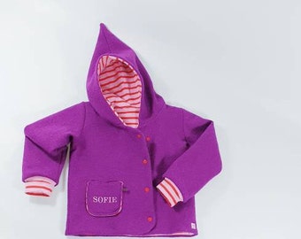 Girl jacket "Molly" made of walk, wool walk and jersey striped in pink and pink-red.