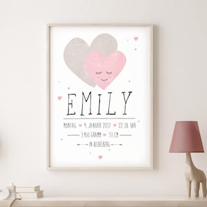 Imagen de datos de nacimiento CORAZÓN con fechas de nacimiento // Póster A4 // Motivos y colores de su elección