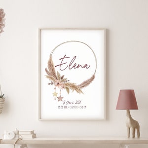 Poster PAMPASKRANZ mit Name im BOHO-Style // Kinderzimmerbild mit Namen und Geburtsdaten