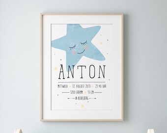 Gift for birth/baptism, STAR with name and dates of birth, poster A4