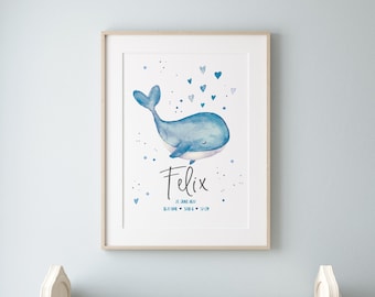 Affiche de naissance BALEINE bleue / photo chambre d'enfant / cadeau pour baptême ou naissance