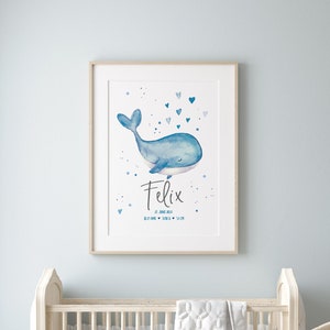 Birth poster blue WHALE / children's room picture / gift for baptism or birth