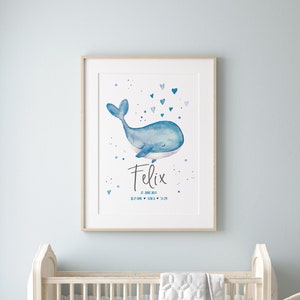 Geburtsposter blauer WAL // Kinderzimmerbild // Geschenk zur Taufe oder Geburt