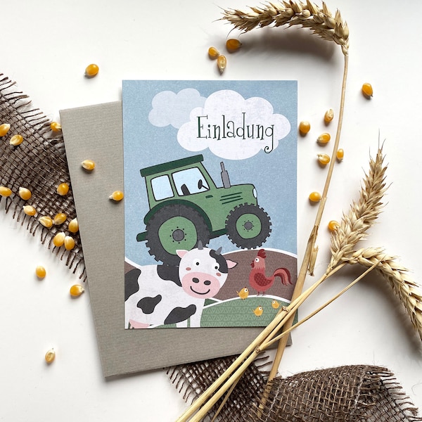 Einladung TRAKTOR Kindergeburtstag, Thema Bauernhof, Einladungskarte als Set mit Kuvert