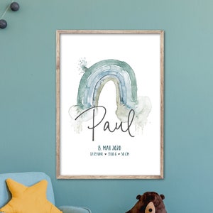 Poster Watercolor REGENBOGEN  // Geschenk zur Taufe/Geburt // Geburtsdatenposter mit Namen // versch. Formate + Farben