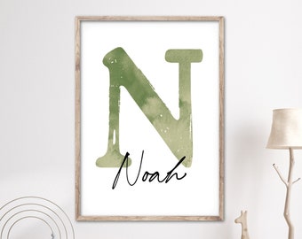 Name poster with letter / in watercolor style / gift for birth / children's room picture with name birth dates, A4, A3, A2