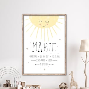 Geburtsdatenposter SONNE mit Name undGeburtsdaten, Geschenkzur Geburt oder Taufe Bild 1