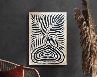 Vase PALM, pièce unique abstraite noir-beige sur toile, 50 x 70 cm
