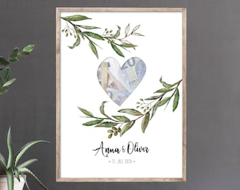 Presente de dinheiro para casamento, pôster de casamento A4 com coração de ouro e ramos de oliveira, nomes, data, pôster de casal