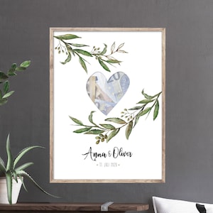 Regalo de dinero para boda, póster de boda A4 con corazón dorado y ramas de olivo, nombres, fecha, póster de pareja