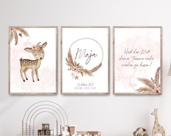 BOHO flower wreath, with deer and saying and name, poster set for children's room pictures