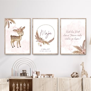 BOHO-Blumenkranz, mit Rehkitz und Spruch und Name, Poster-Set Kinderzimmerbilder im Boho-Style mit Pampas und Blüten