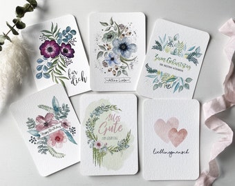 Jeu de cartes postales A6, salutations et souhaits, aquarelle, 6 cartes
