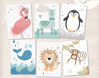 Set of postcards, greeting cards ANIMALS, children's birthday party, invitation, decoration
