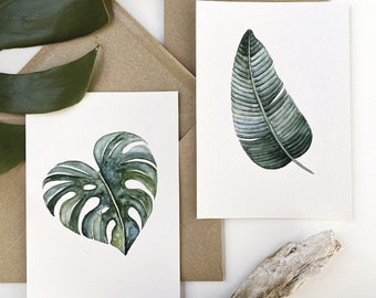 Postales botánicas, monstera/plátano, conjunto de 2 A6, plantas acuarela/acuarela