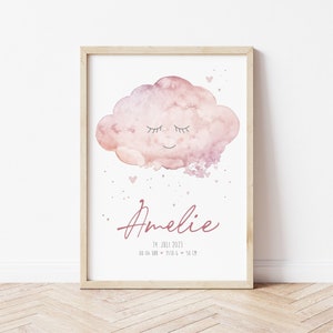 WOLKEN Poster, Geschenk zur Taufe/Geburt, Geburtsdatenposter mit Namen
