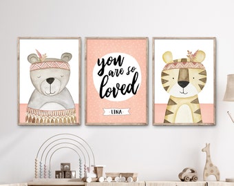 BOHO animales tigre y oso rosa, con frase y nombre, set de póster cuadros para habitación infantil