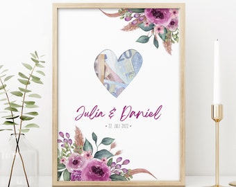 Wedding poster PinkFlower with name & date, gift of money for the wedding