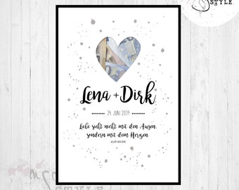 Wedding gift money gift A4 wedding poster with heart, names, date and saying