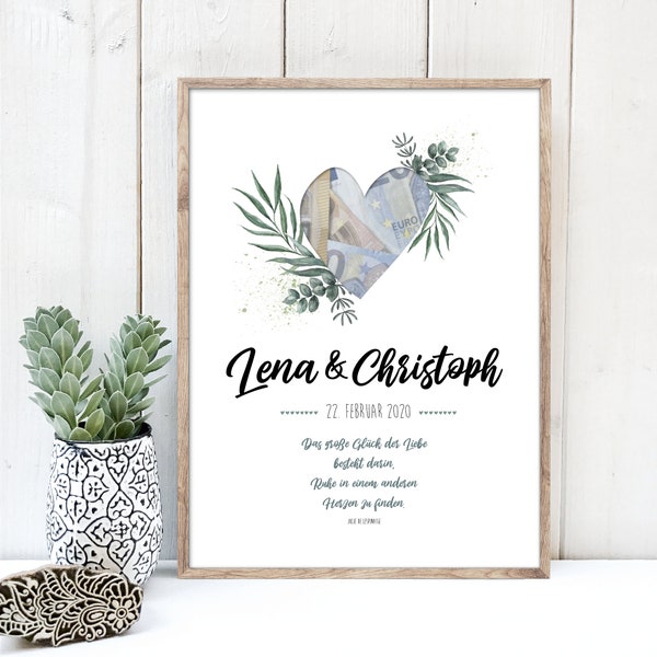 Money gift for wedding, wedding poster with heart and branches, names, date and saying