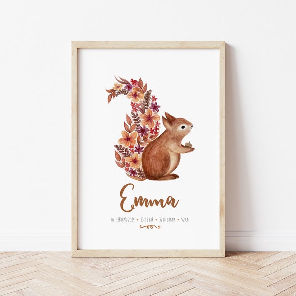 Squirrel // Children's room poster with names and dates of birth