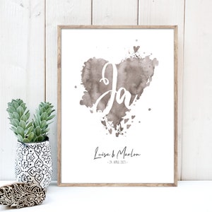 Poster YES on watercolor heart with name and date