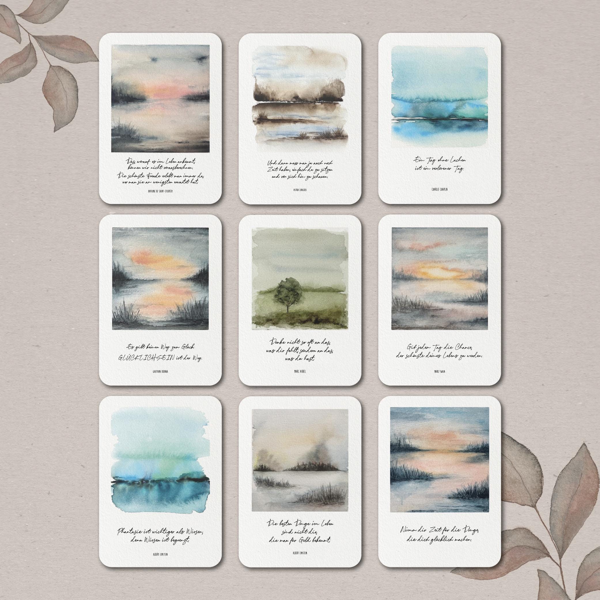 Watercolor cards // Live MOMENTS // Postcards A6 with sayings // 9 cards with storage box