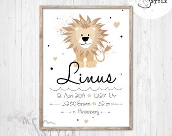 Birth date picture LION with name and dates of birth/baptism, A4 poster