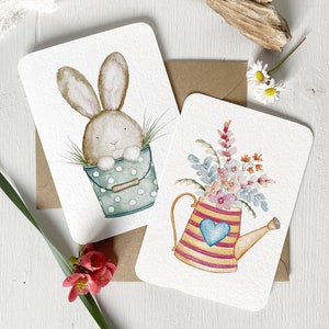 Cartoline PASQUA / A6 / Set di 2 coniglietti pasquali e fiori acquerello/acquerello