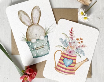 Postales SEMANA SANTA / A6 / Set de 2 Conejos de Pascua y Flores Acuarela / Acuarela